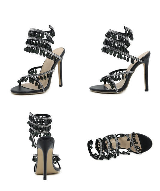 Summer Fashion Rhinestone Crystal Sandals Women String Bead Banquet Stiletto High Heel Wrap Strap Open toed Shoes