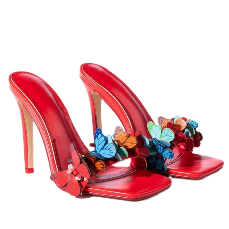 Butterfly Mixed Color Slippers Open Toe Stiletto Thin High Heel Red Women Shoes Slip On Summer Fashion Slides High Heel Sandals