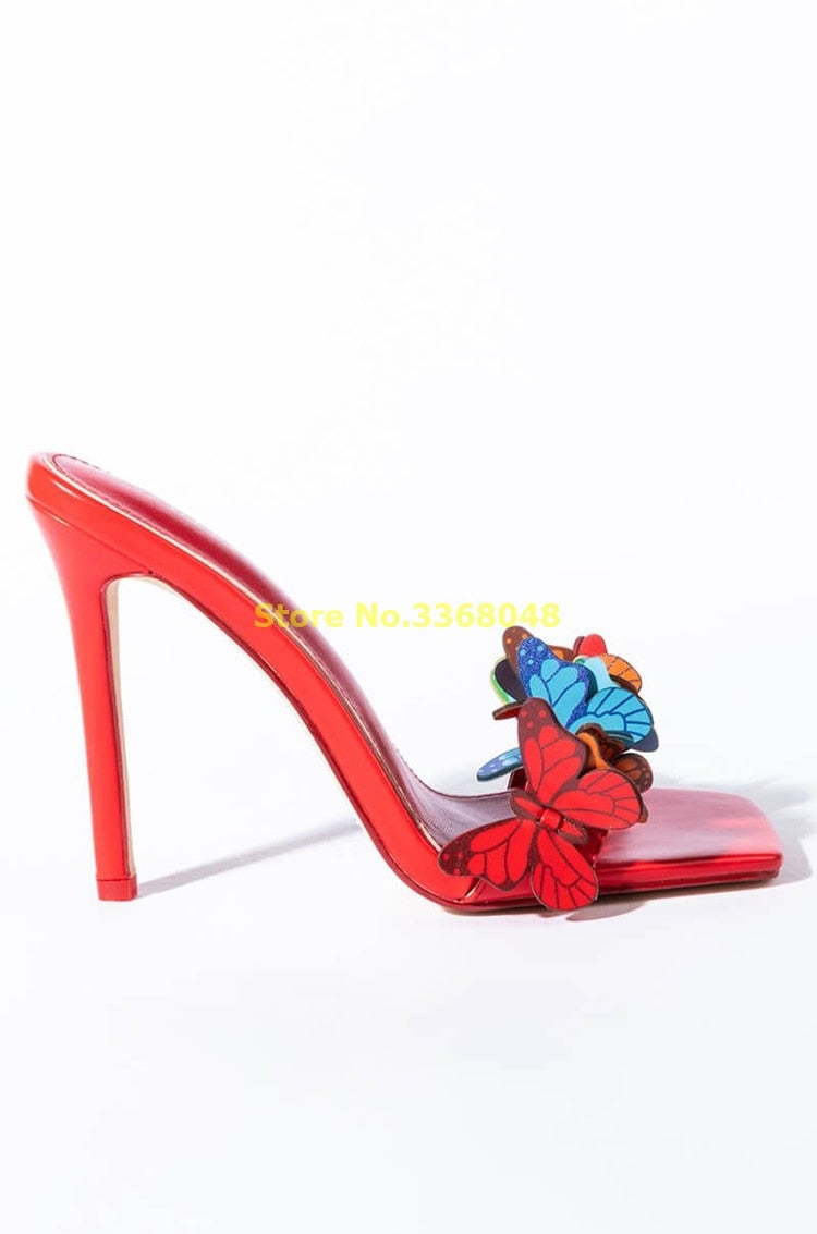 Butterfly Mixed Color Slippers Open Toe Stiletto Thin High Heel Red Women Shoes Slip On Summer Fashion Slides High Heel Sandals