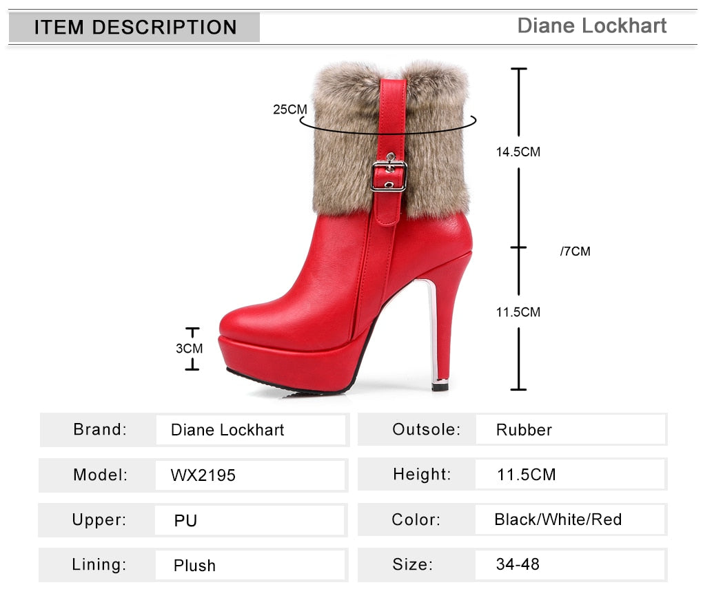 Winter Women Ankle Boots Christmas High Heels Platform Shoes Femme Warm Fur Short Boots Red Black Ladies Party Shoes Plus Size