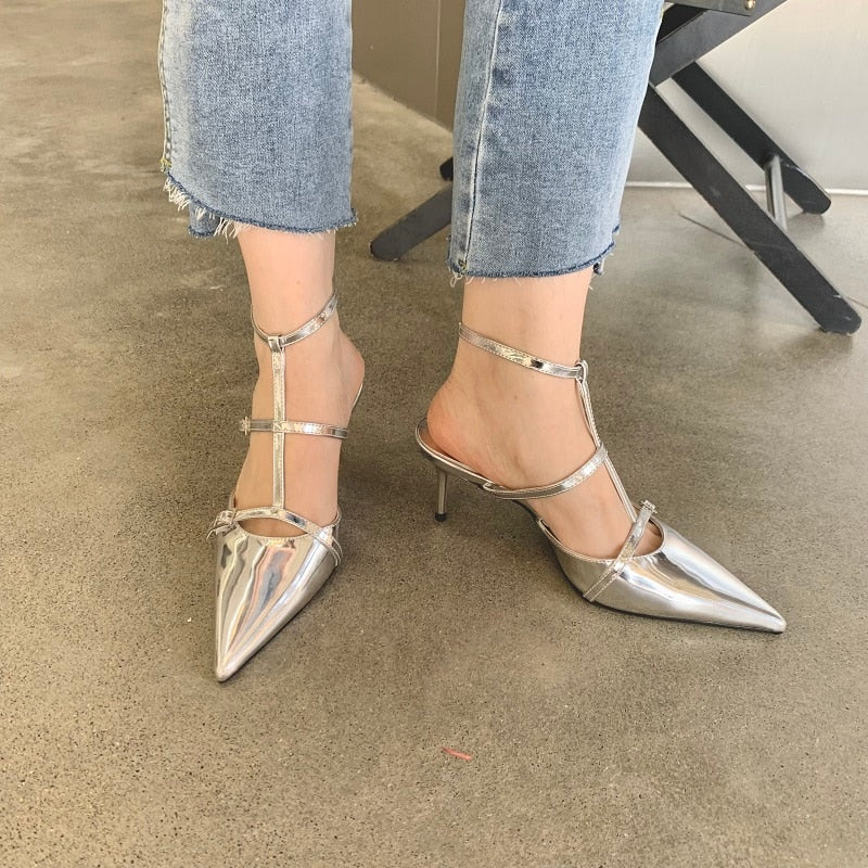 Spring New Gold Silver Pumps Women Fashion Pointed Ladies Elegant Thin High Heel Hollow Out Dress Sandalias De Mujer