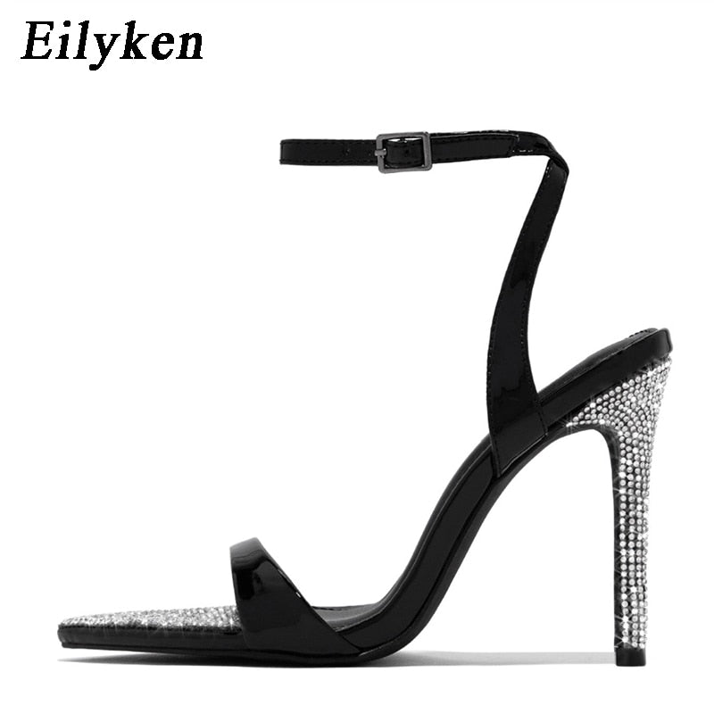 Plus 35-42 Crystal Pointed Toe Buckle Strap Women Sandals Thin Heels Golden Female Party Stripper Shoes