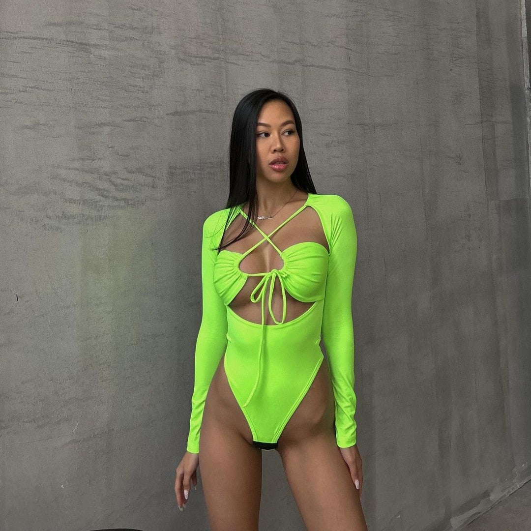 Strappy Sexy Cut Out Tie Front Top Bodysuits for Women Long Sleeve Tops One Piece High Rise Bodysuit Rompers Solid