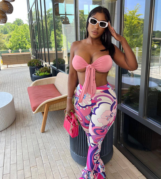 Bandage Two Piece Set Women Outfits Sexy Lace Up Tube Crop Top + Prints Flare Pants Skinny Club Sets Summer Casual Tracksuit y2k