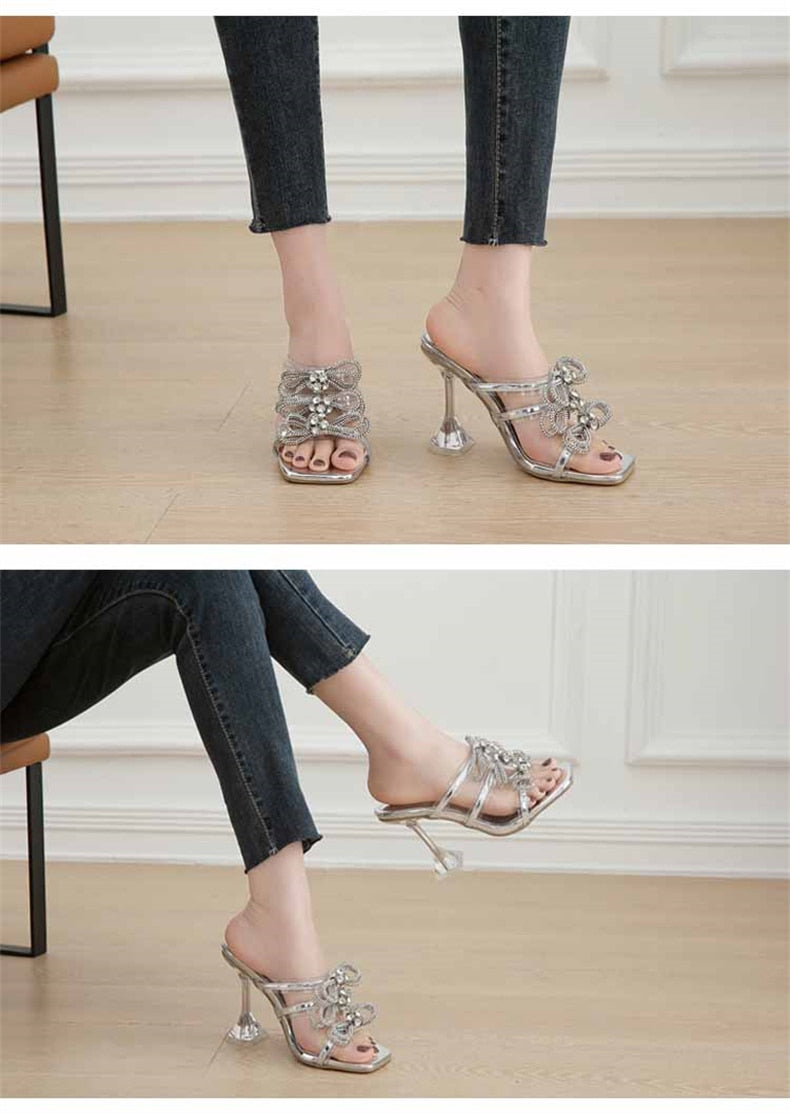 Transparent Slippers For Women 2023 Summer Fashion CRYSTAL Butterfly-Knot Designer Sandals Clear Heels Female Shoes