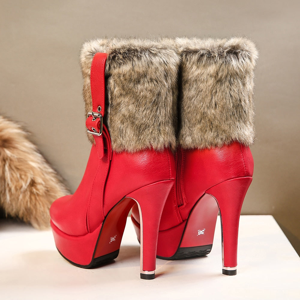 Winter Women Ankle Boots Christmas High Heels Platform Shoes Femme Warm Fur Short Boots Red Black Ladies Party Shoes Plus Size