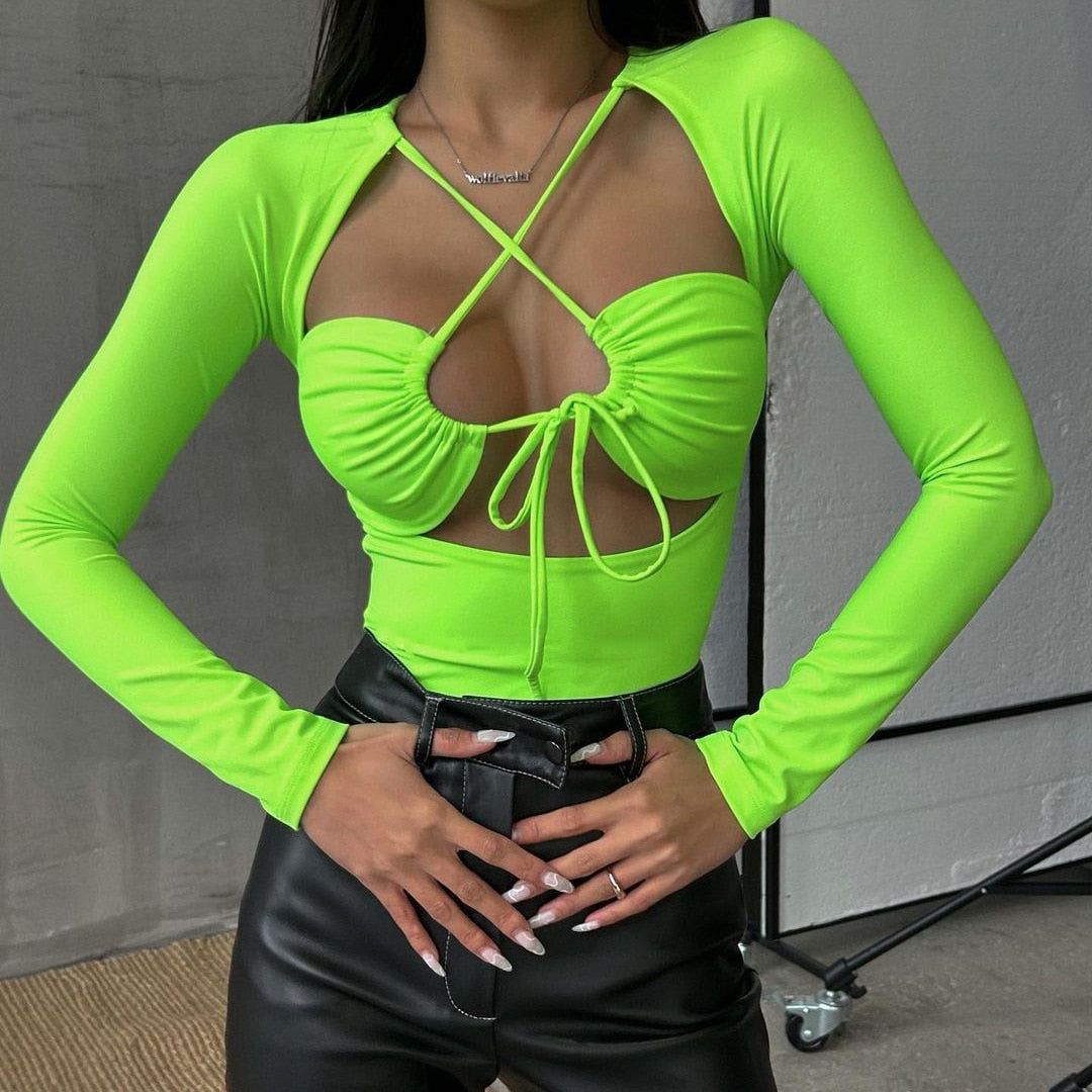 Strappy Sexy Cut Out Tie Front Top Bodysuits for Women Long Sleeve Tops One Piece High Rise Bodysuit Rompers Solid