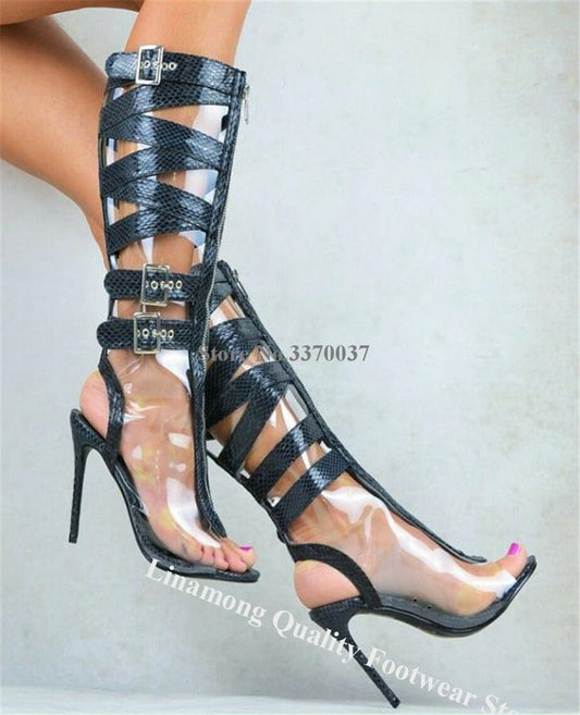 PVC Patchwork Black Snake Leather Knee High Boots Peep Toe Front Zipper-up Straps Cross Stiletto Heel Gladiator Boots