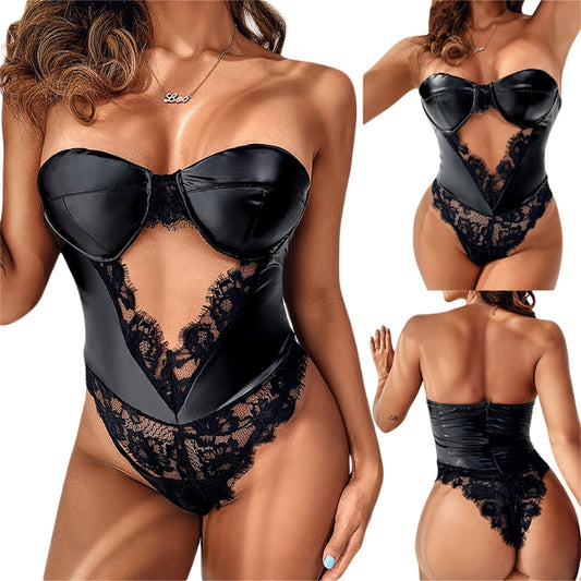 Women Sexy Erotic Lingerie Bodysuits Black Strapless Backless Lace Mesh Cut Out Underwear