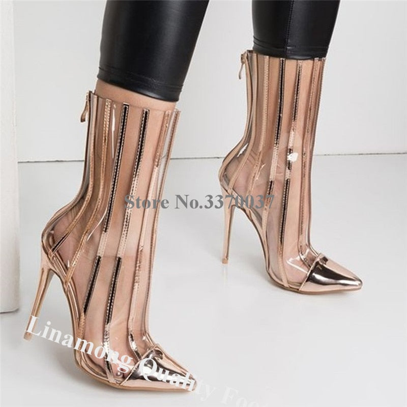 Gold Black Stripes PVC Short Boots Linamong Newest Transapreny Pointed Toe Patchwork Transparent Stiletto Heel Gladiator Boots