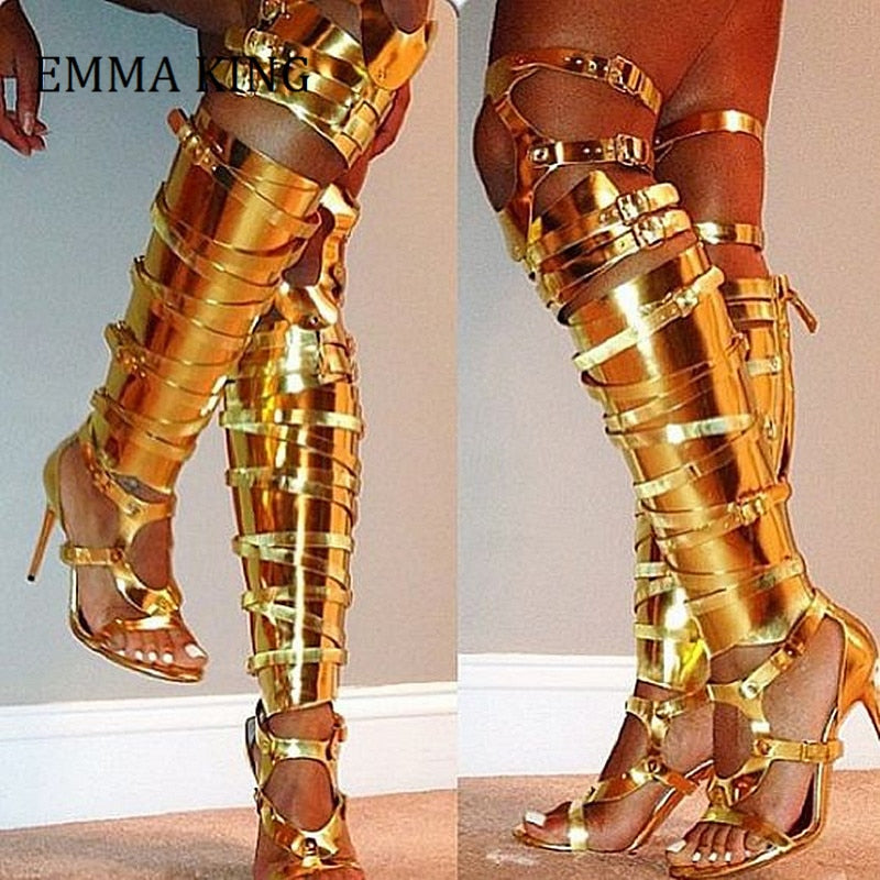 Women Golden Silver Buckles Knight Boots Thin High Heels Women Boot Sandals Ladies Hollow Out Gladiator Dress Shoes Women
