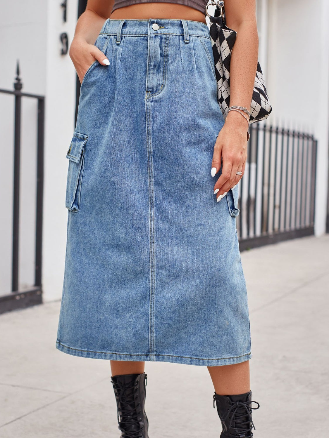 Slit Buttoned Denim Skirt with Pockets