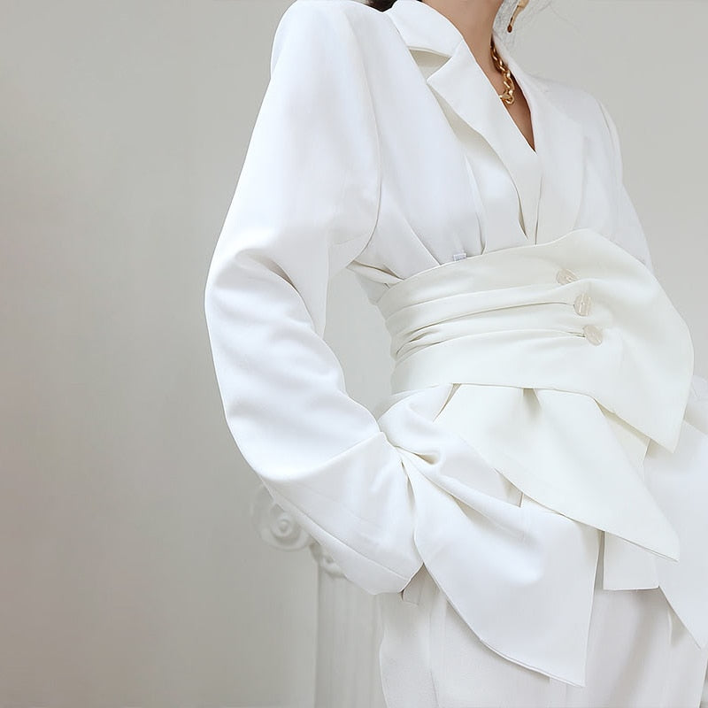 White Minimalist Blazer for Women Notched Long Sleeve Sashes Elegant