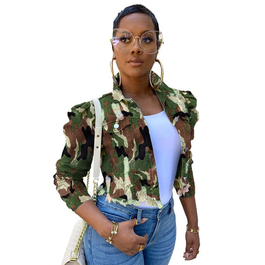 Camouflage Cropped Jacket Trendy Fashion Denim Plus Size Jeans Women Jacket