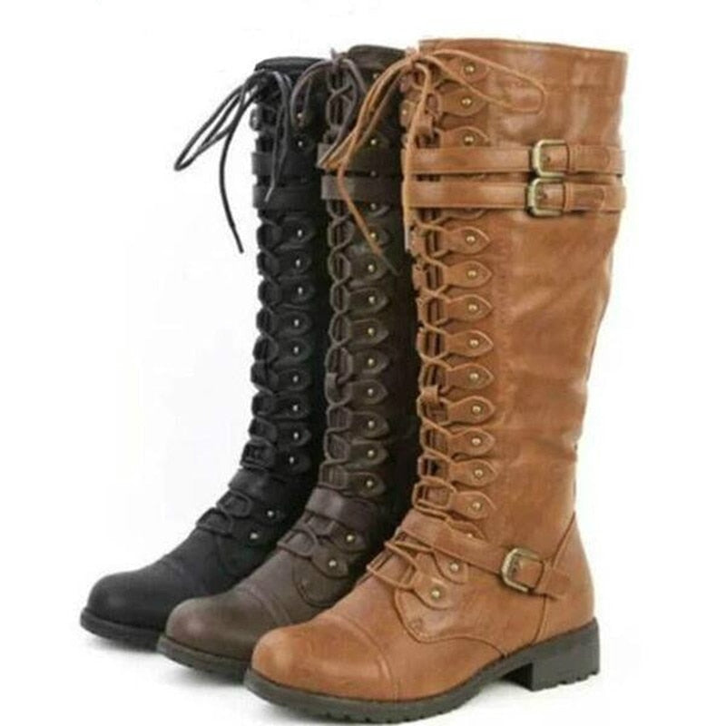 Women Knee High Boots Autumn Winter Lace Up Flat Shoes Sexy