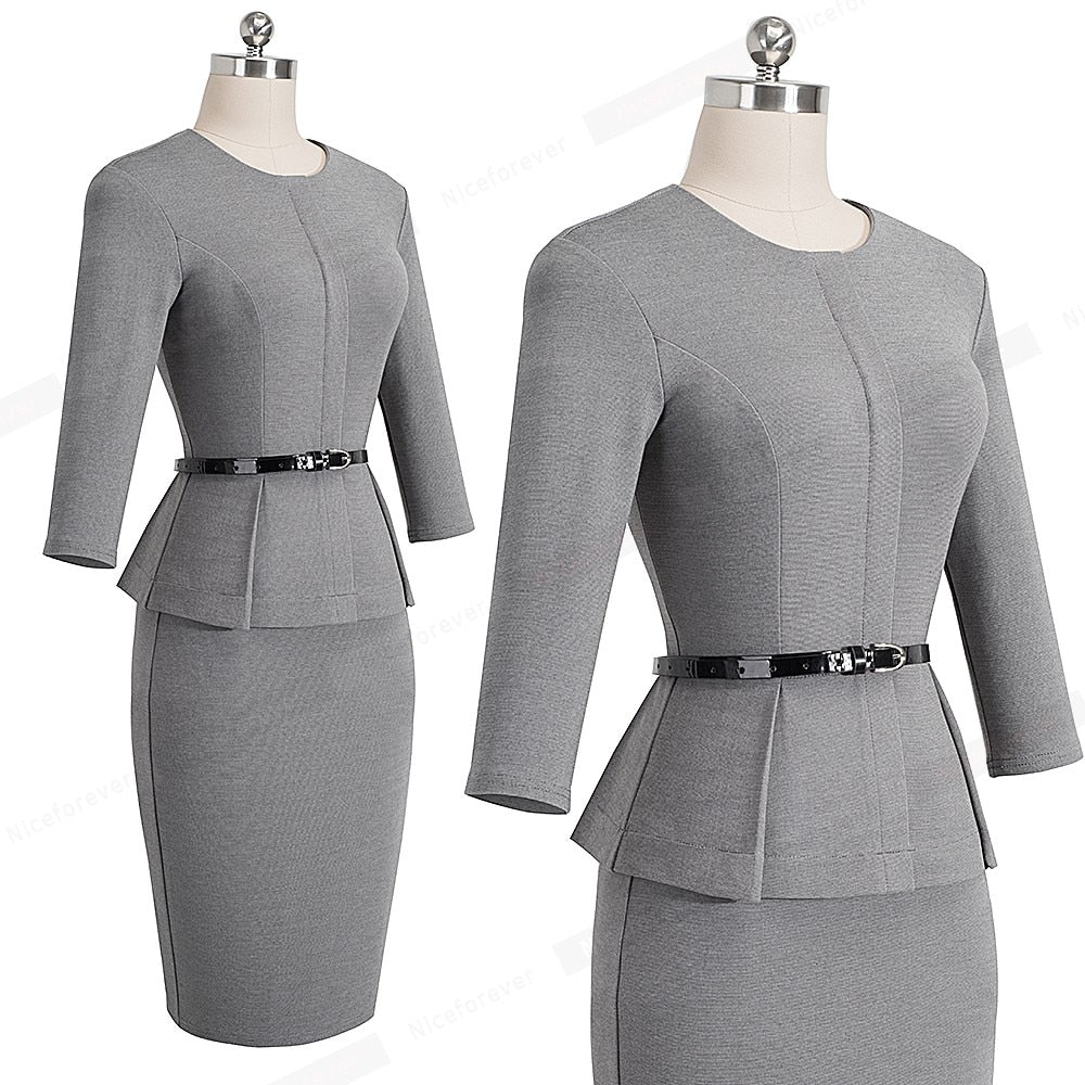 Vintage Elegant Wear to Work with Belt Peplum Business Party Bodycon Office Dress