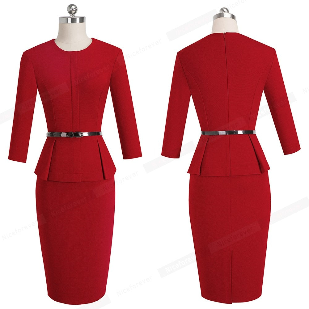 Vintage Elegant Wear to Work with Belt Peplum Business Party Bodycon Office Dress
