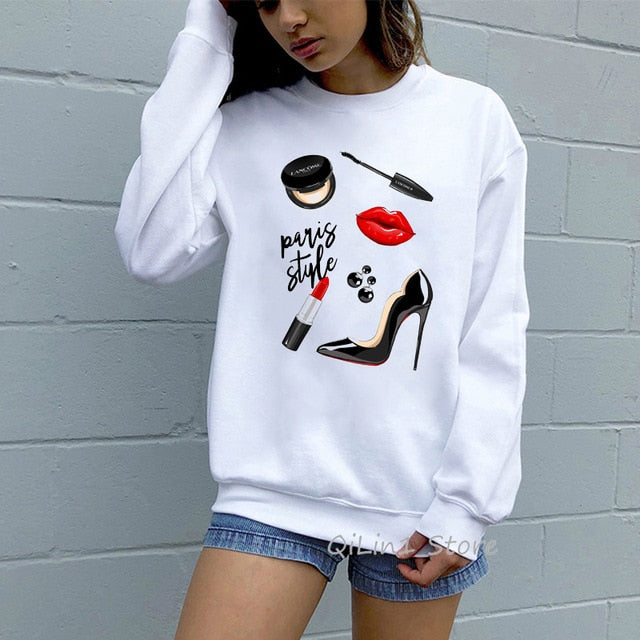 paris style high heels shoes lip Lipstick print women’s sweatshirt