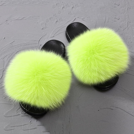Women Fox Fur Slippers Real  Fur Slippers Luxury Real Fox Fur Beach Sandal