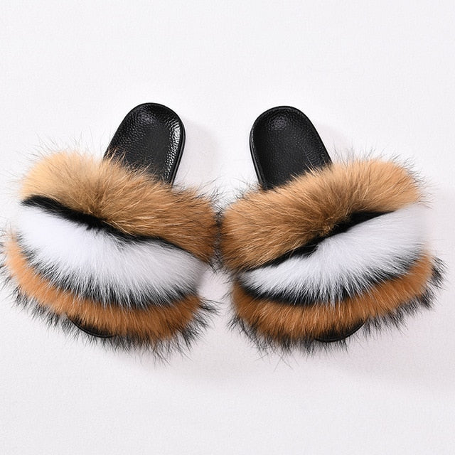 Women Fox Fur Slippers Real  Fur Slippers Luxury Real Fox Fur Beach Sandal