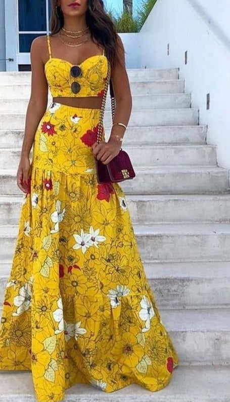 Women Summer Floral Print Two-Piece Maxi Dress Two Pieces Set
