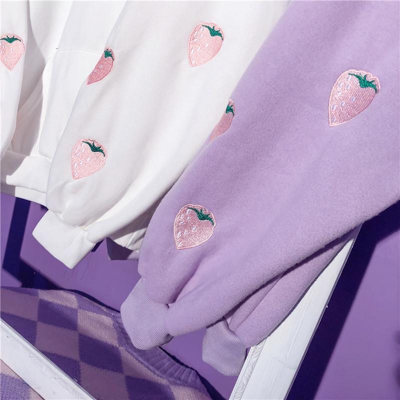 Harajuku Strawberry Embroidery Lavender Pink Sweatshirt