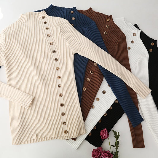 Winter Ribbed Button Women Pullovers Cotton Long sleeve Schoolgirl turtleneck Sweaters