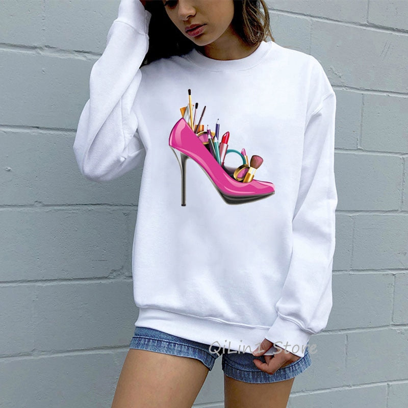 paris style high heels shoes lip Lipstick print women’s sweatshirt