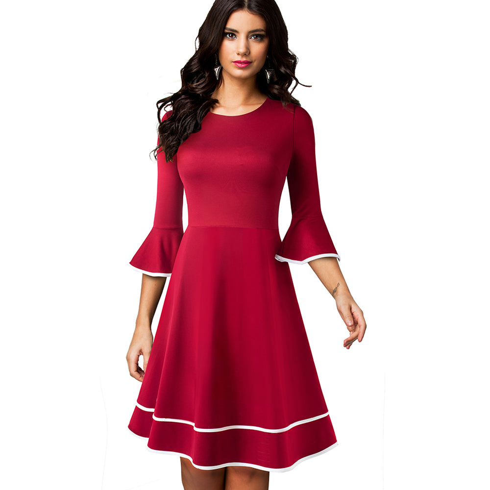 Nice-forever Autumn Solid Color with Flare Sleeve Retro A-Line Dresses Christmas Party Swing Women Dress