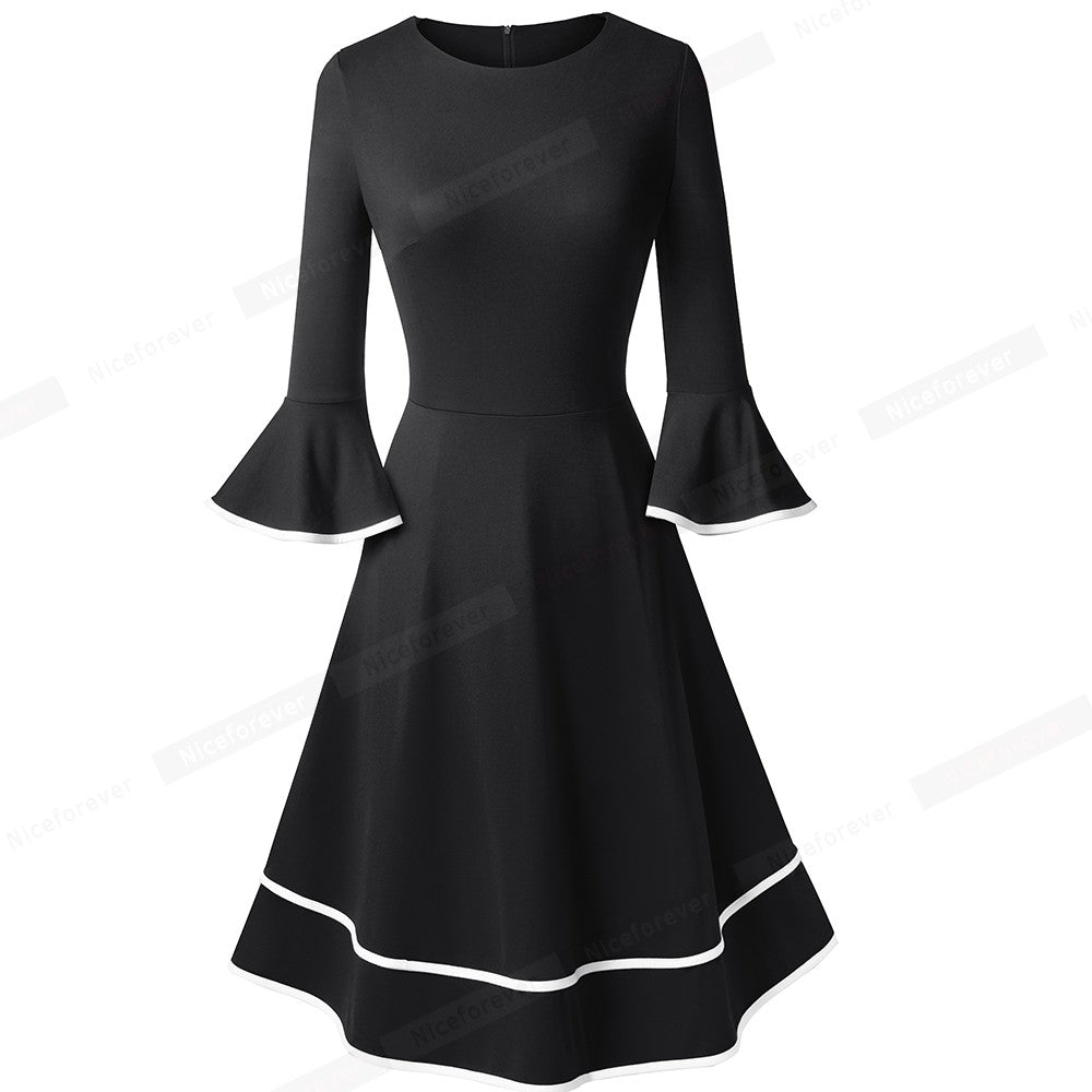 Nice-forever Autumn Solid Color with Flare Sleeve Retro A-Line Dresses Christmas Party Swing Women Dress