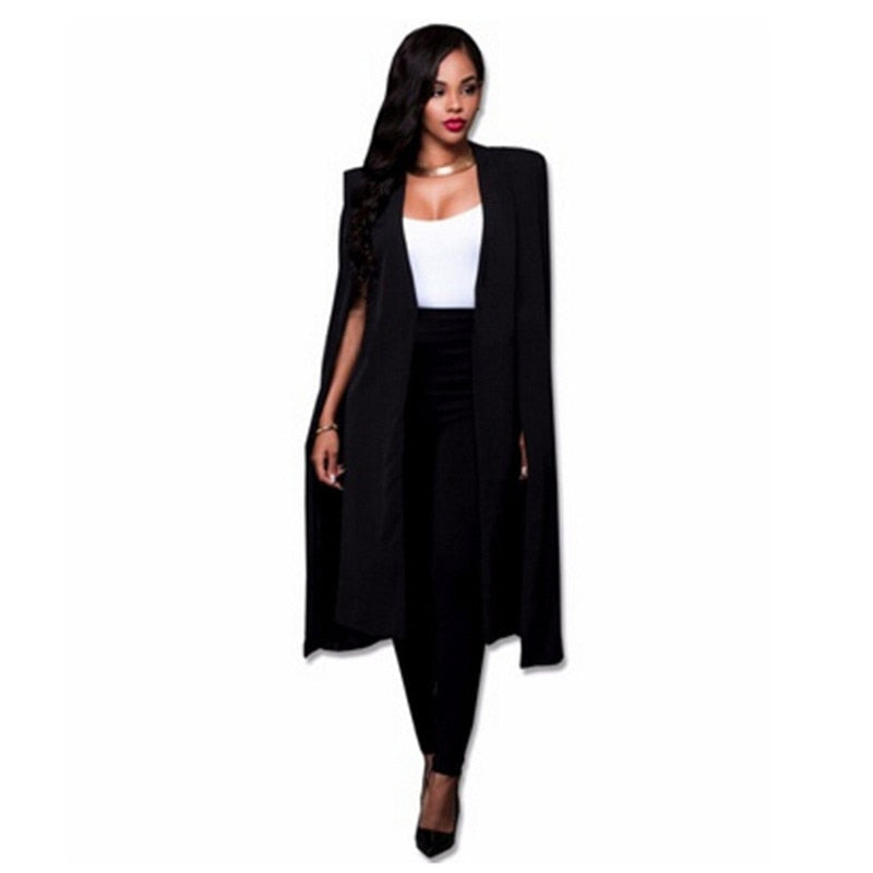 Women long suit blazer office lady coat solid long sleeves cape poncho jacket