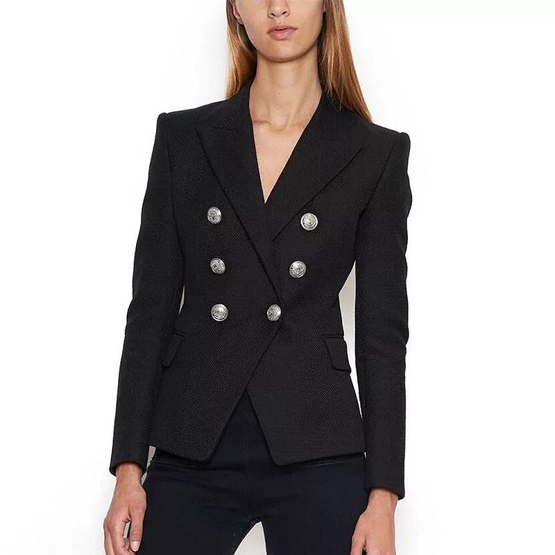 HIGH STREETClassic Designer Blazer Women's Double Breasted Metal Lion Silver Buttons