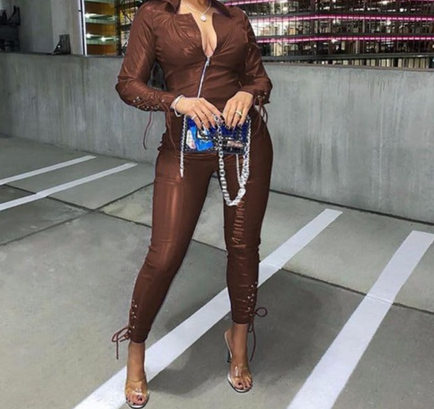 Women Two Piece PU Leather Suits