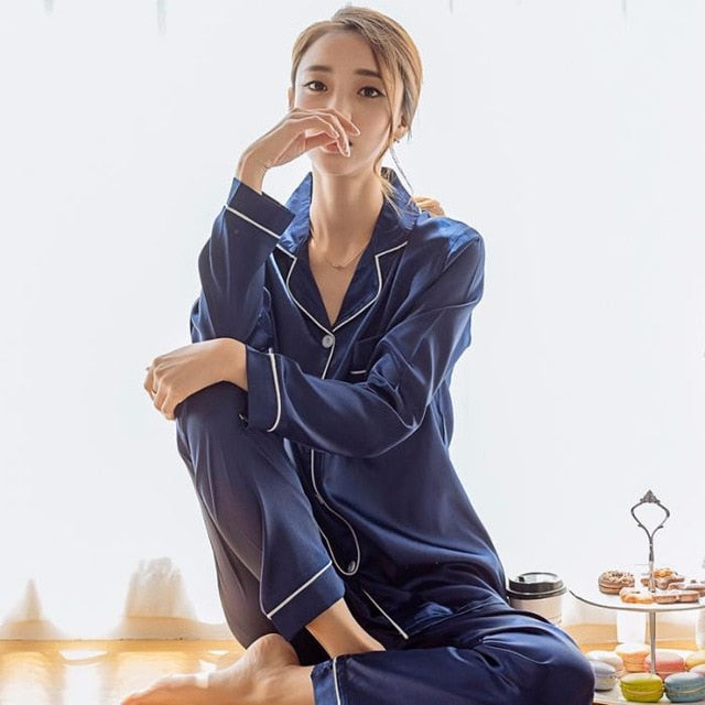 Women Pajamas Set Sleepwear Winter Long Sleeve Nuisette Sexy Lingerie Nightwear Silk Satin Pyjamas pjs Suit 2Pcs