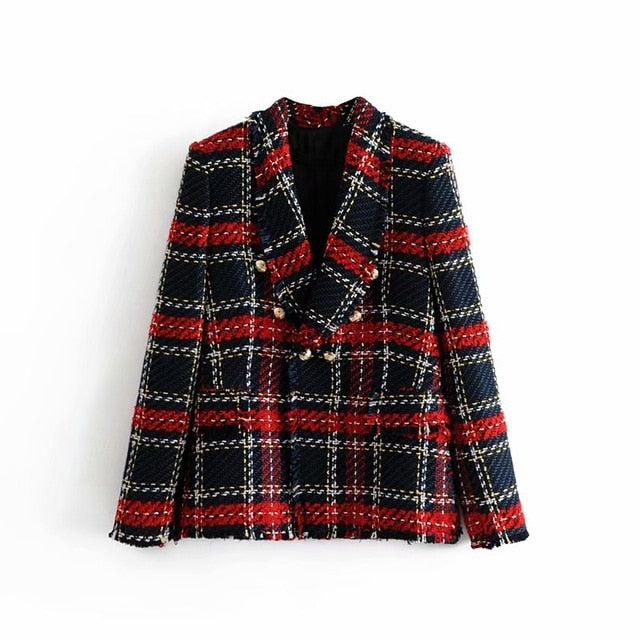 Red Plaid Blazer 2022  Vintage Tweed Suits Jackets Office Chic Slim Blazers