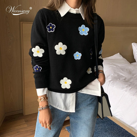 Korean Floral Emobroidery Pullover Sweater High Quality Women Elegant O Neck Knitted Tops