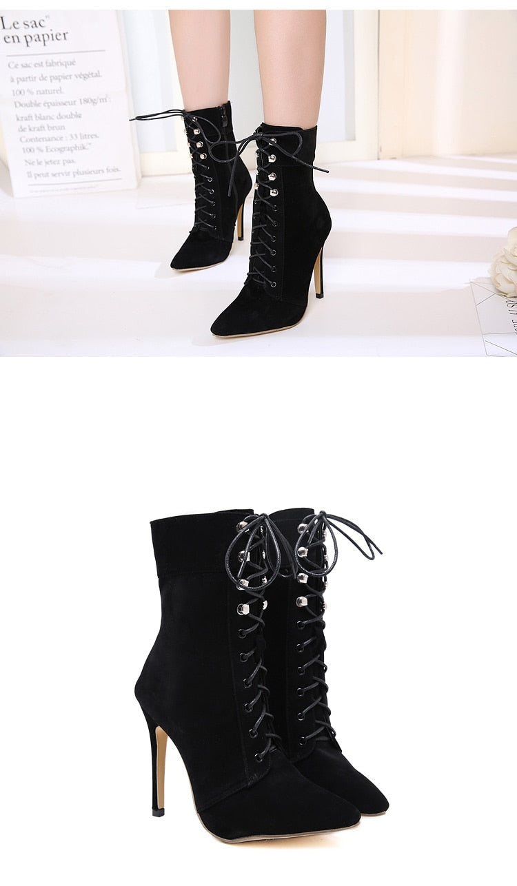 New Flock Ankle Boots Pointed Toe Thin Heels Zipper Rivet Chelsea Boots