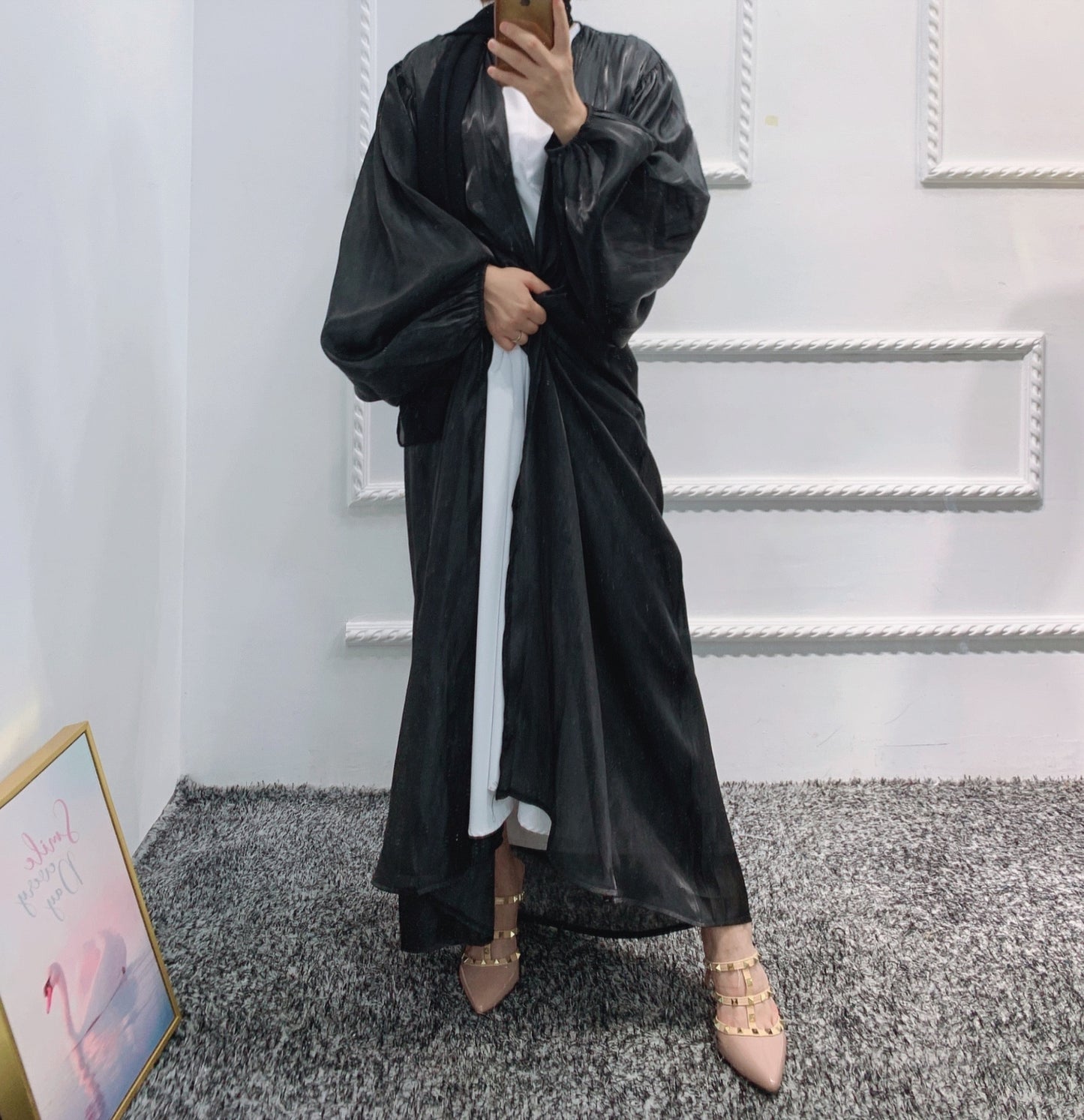 Open Abaya Kimono Dress Shimmer Cardigan Balloon Sleeve Chiffon Hijab Dubai