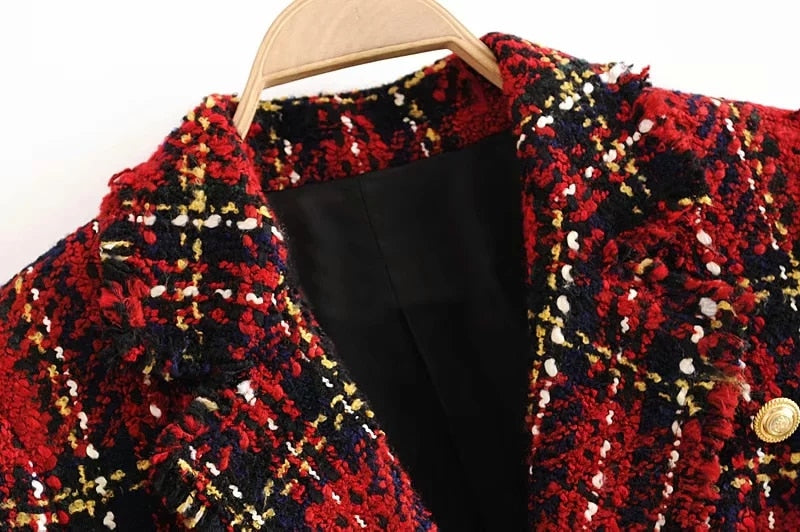 Red Plaid Blazer 2022  Vintage Tweed Suits Jackets Office Chic Slim Blazers
