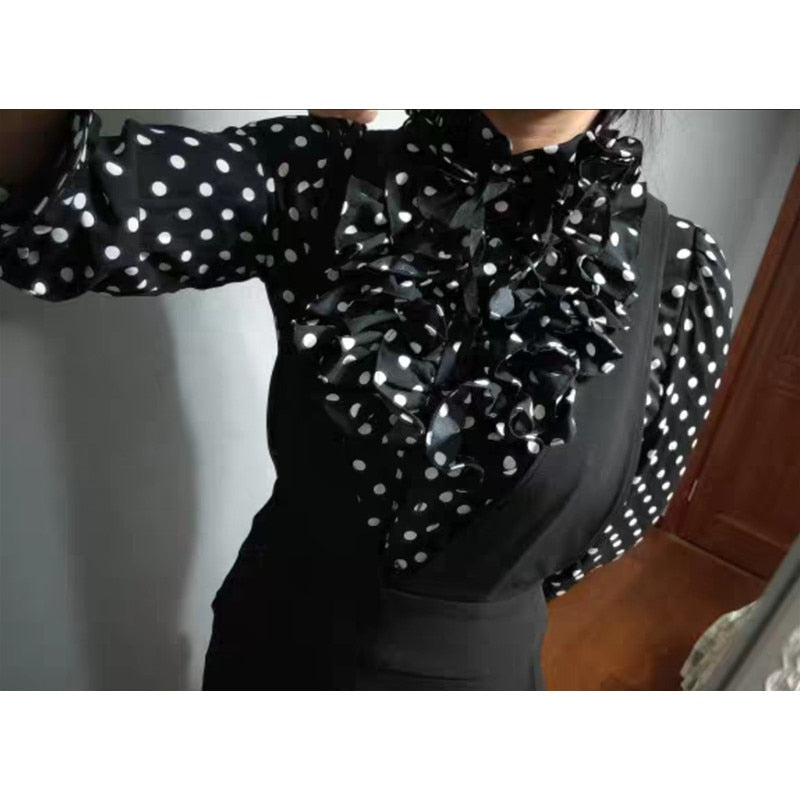 Fashion Polka Dot Print Bodysuit Women Black Body Shirt Long Sleeve Blouses