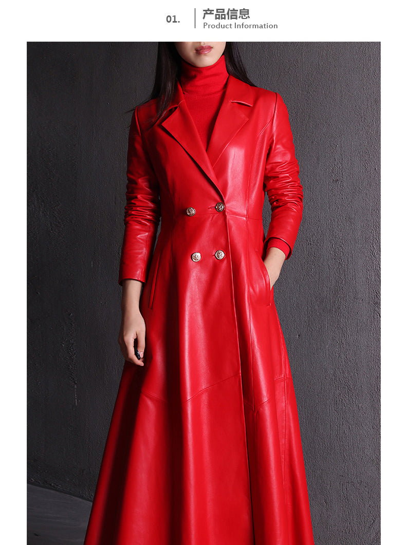 Long Skirted Red Black Faux Leather Trench Coat Double Breasted Elegant Luxury Fashion