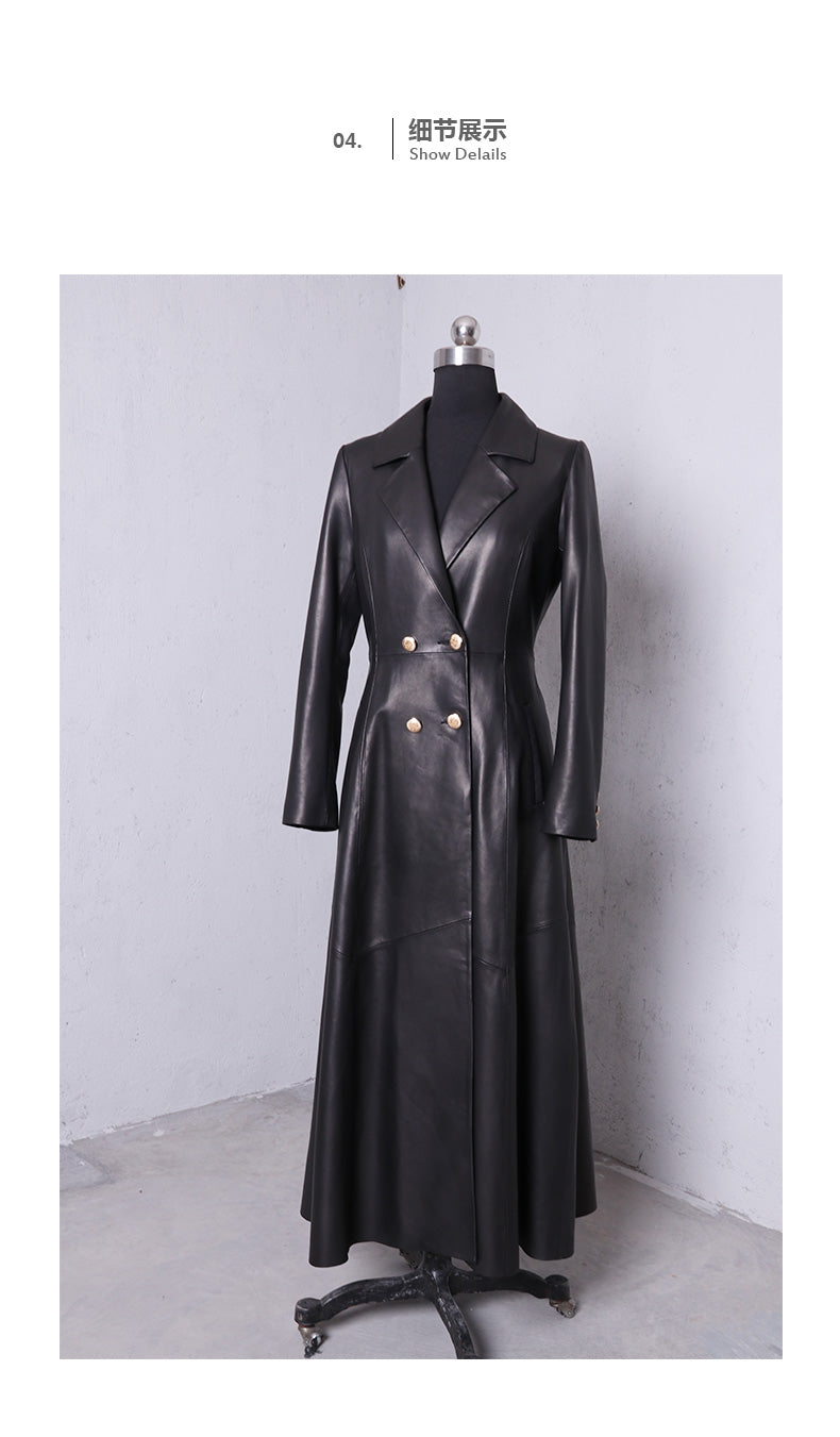 Long Skirted Red Black Faux Leather Trench Coat Double Breasted Elegant Luxury Fashion