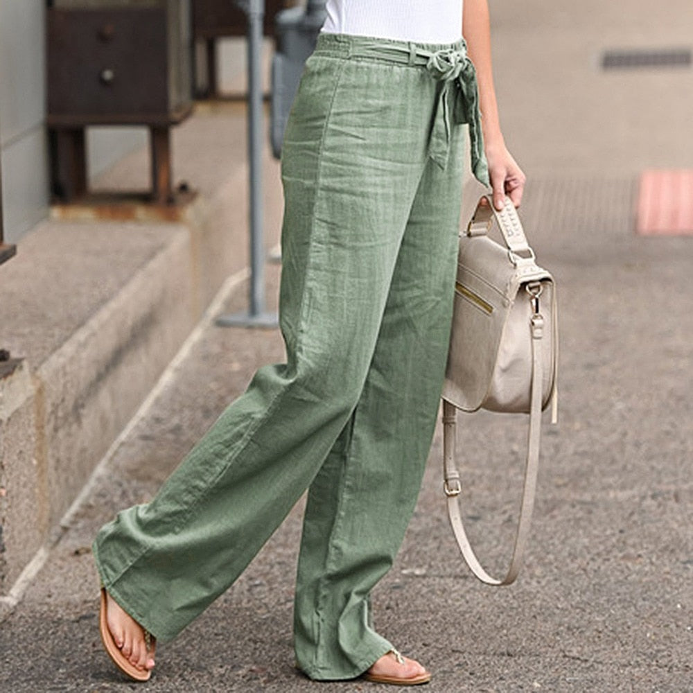 Pants Fashion Linen Cotton Solid Elastic Waist Trousers Female Plus Size Ankle-length Trousers Casual Pants