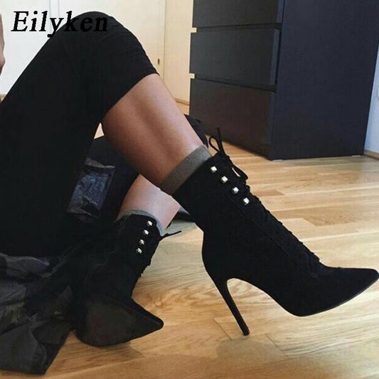 New Flock Ankle Boots Pointed Toe Thin Heels Zipper Rivet Chelsea Boots