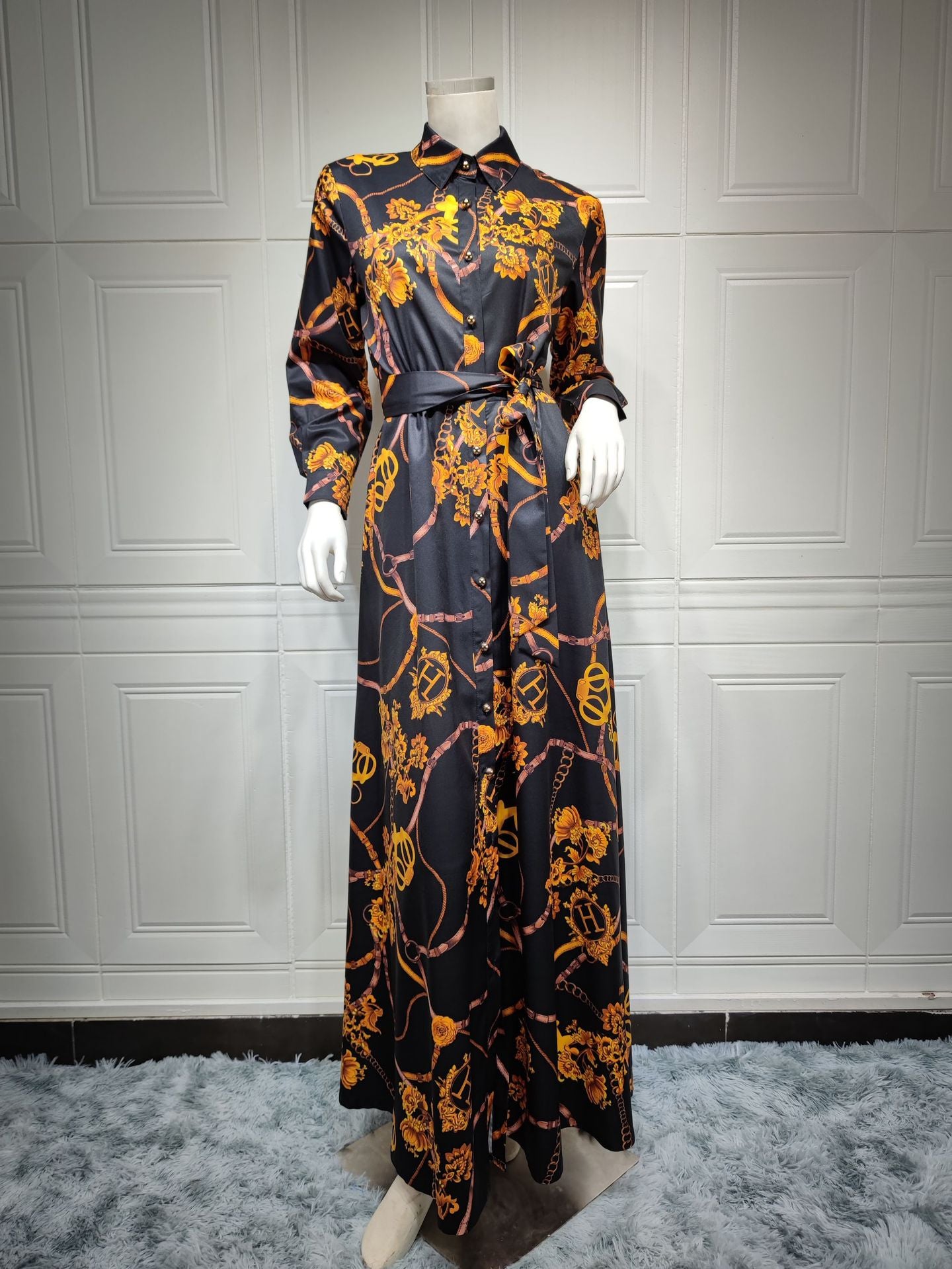 Fashion French Elegant Maxi Dresses For Women Retro Print Muslim Dubai Abaya Lapel Single-breasted Long Sleeve Shirt Dress Query