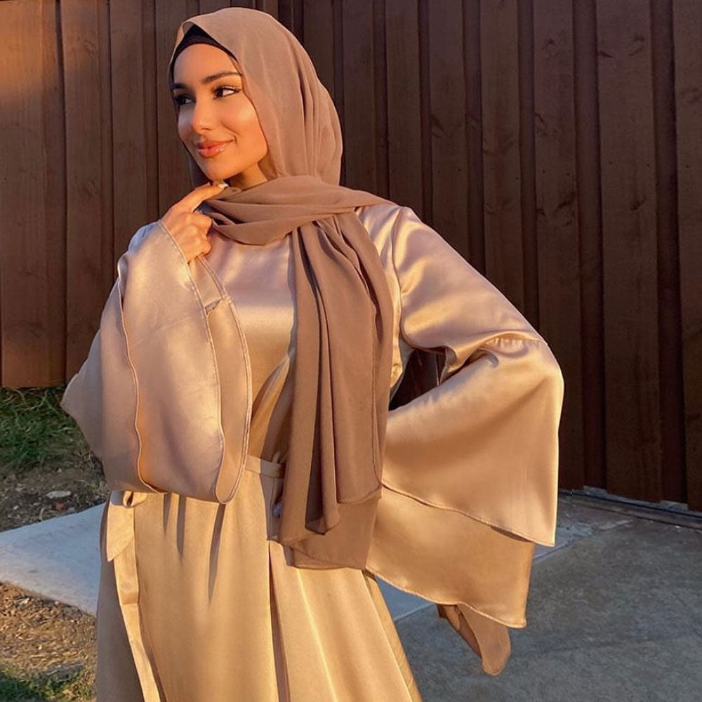 Ramadan Eid Fashion  Satin Dress Dubai Abaya Long Flare Sleeve Hijab Dresses