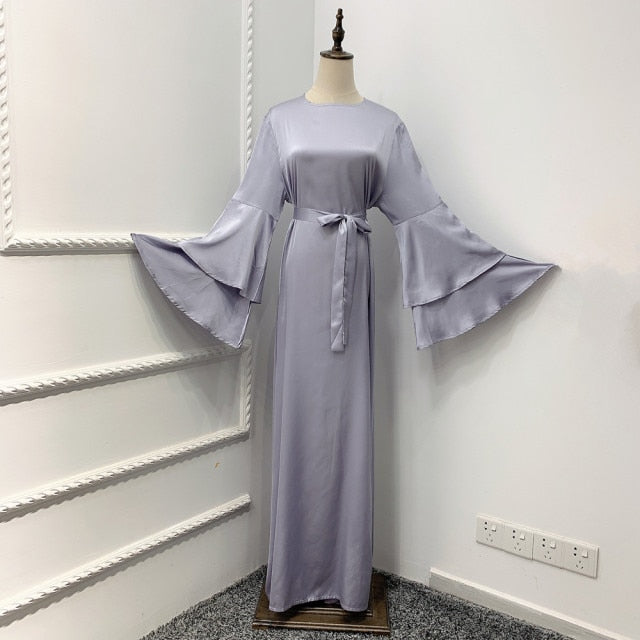 Ramadan Eid Fashion  Satin Dress Dubai Abaya Long Flare Sleeve Hijab Dresses