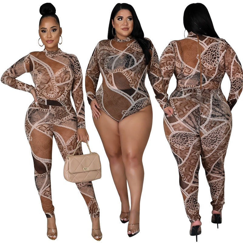Sexy Outfits Long Sleeve Bodysuit and Pants Clubwear Transparent Mesh Party Two Piece Set