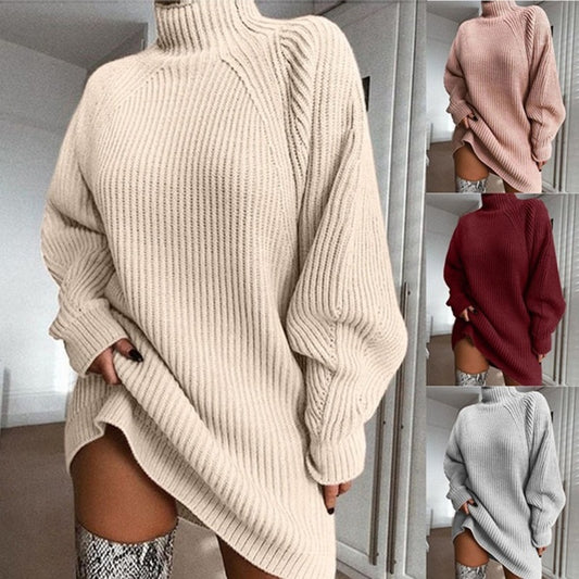Turtleneck Long Sleeve Sweater Dress  Loose Tunic Knitted Casual