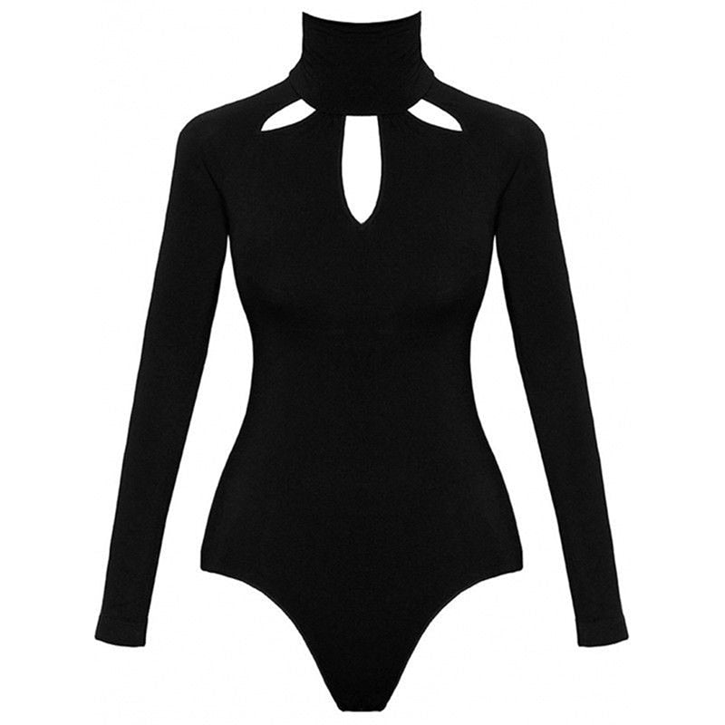 Bodysuit Women Body Suits Women Sexy Romper Black Mock Neck Long Sleeve Hollow